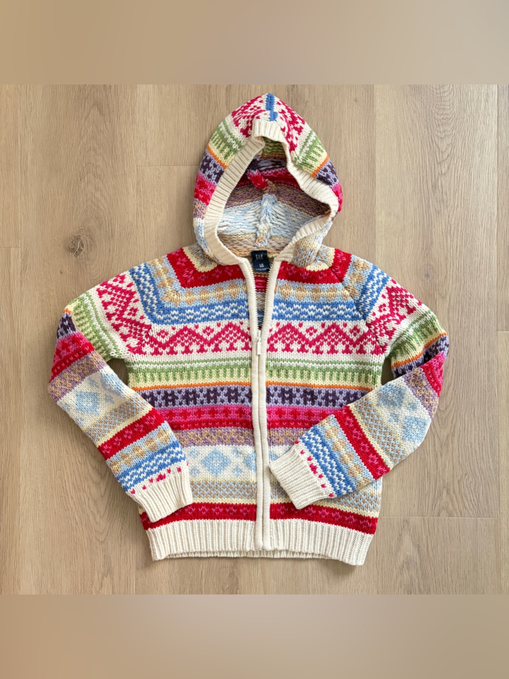 Vintage GAP KIDS Multicolor Fair Isle Hooded Zip Cardigan